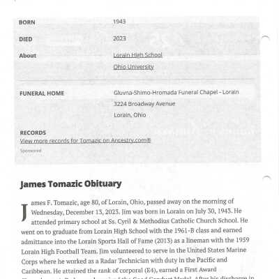 Tomazic, James F. obit