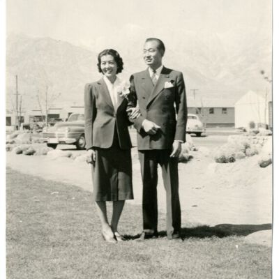 Photograph of Koji Ariyoshi and his bride at Manzanar