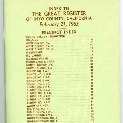 Index to the Great Register of Inyo County, California, February 21, 1963