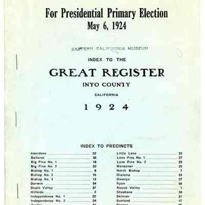 Index to the Great Register, Inyo County, California, Presidential Primary Election, May 6, 1924