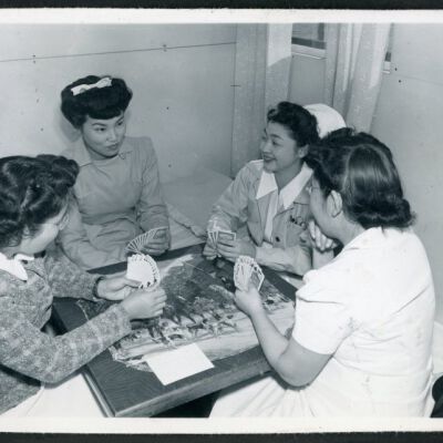 Bridge game, Nurse Hamaguchi and friends, Manzanar Relocation Center, California