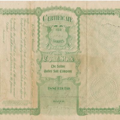 2015.17.1 reverse: Saline Valley Salt Co. stock certificate: Origformat: Artifact; Resolution: 300 dpi
