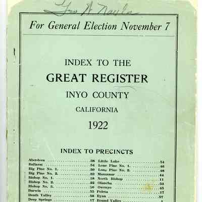 Index to the Great Register, Inyo County, California, for General Election November 7, 1922