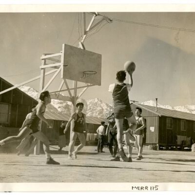 Photograph of block 9 boys basketball game at Manzanar
