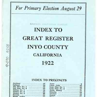 Index to Great Register, Inyo County, California for Primary Election, August 29, 1922