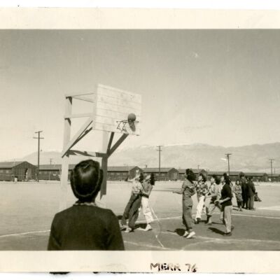 Photograph of girls playing basketball at Manzanar