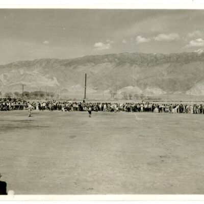 Photograph of baseball game at Manzanar (view from outfield bleachers)