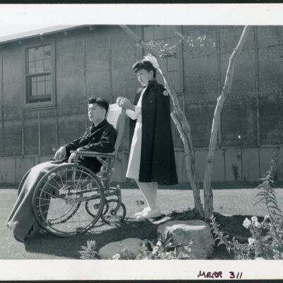 Nurse Aiko Hamaguchi, patient Tom Kano, Manzanar Relocation Center, Calif.