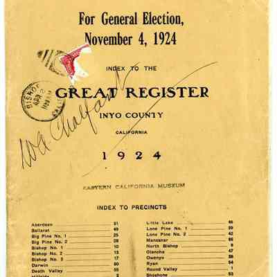 Index to the Great Register, Inyo County, California, General Election, November 4, 1924