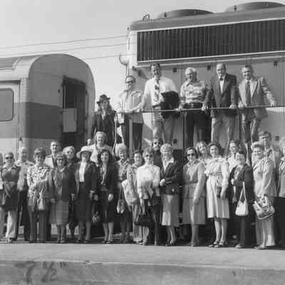 Group poses in front of the Long Island Rail Road, circa 1970 | Ray Smith Collection, Montauk Library Archives