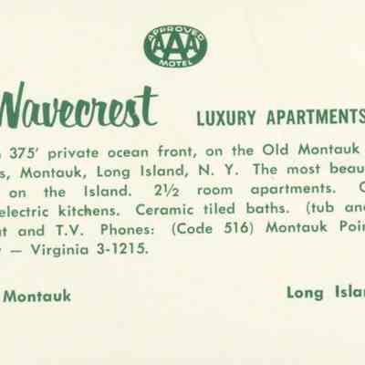 Back of Business Card for Wavecrest Luxury Apartments | Montauk Library Archives