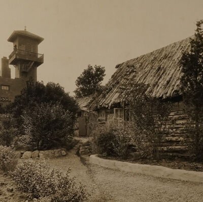 View of the barn and watchtower | Andrew J. Thomas - Jackson Estate Album, Montauk Library Archives.