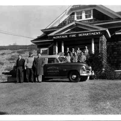 Montauk Fire Department members pose in front of the old firehouse, c. 1958: Bob Tuma, Frank Borth, Harry Clemenz, Sr. Mike Pilbro, Bert Tuma, Ed Pospisil, Bob Sylvester, Gil Keller, Marshall Prado, Dick White, Sr. | Bob Tuma Digital Album, Montauk Library Archives