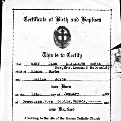 Certificate of Birth and Baptism, Mary Jane Elizabeth Burke