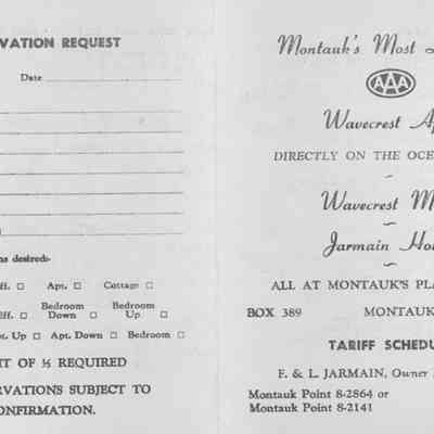 Price sheet and reservation request for Wavecrest Motel & Apartments (front) | Montauk Library Archives