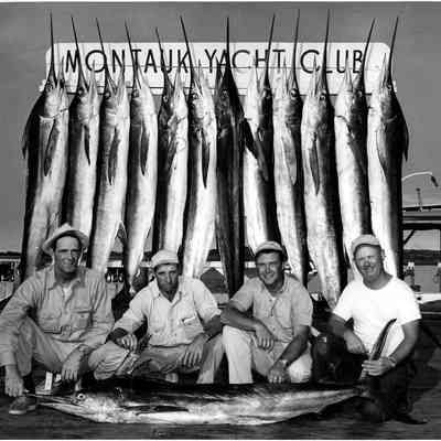 George Verity, Ralph Pitts, Bob Tuma and Don Gross with White Marlin at the Montauk Yacht Club, c. 1950s | Bob Tuma Digital Album, Montauk Library Archives