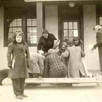 American Women Voluntary Services Montauk Unit, Drill at the Long Island Rail Road Station, World War II, c. 1940s Windsor Family Collection, Montauk Library Archives
