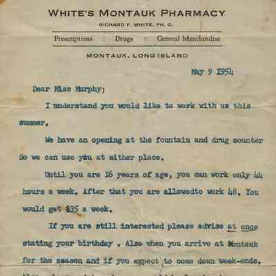Letter from Richard J. White, White's Montauk Pharmacy, 1954