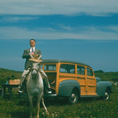 Man on horseback poses, 1940s | Harry A. Bruno Slide Collection, Montauk Library Archives