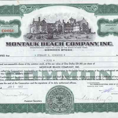 Montauk Beach Company, Inc. Stock Certificate
