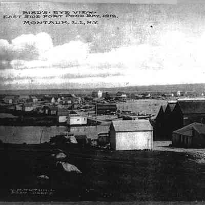 Postcard with birds eye view of east side of Fort Pond Bay, 1912 | Perry B. Duryea, Jr. Digital Photograph Collection, Montauk Library Archives