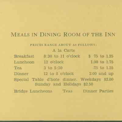 Room rates card, season 1932, Gurney's Inn | Montauk Library Archives