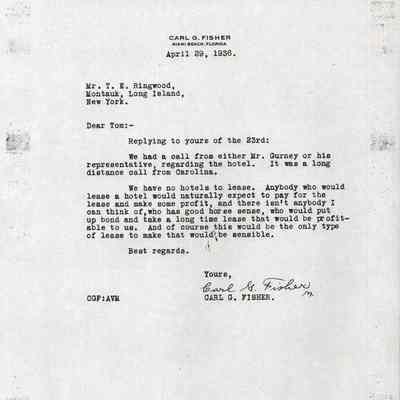 Correspondence between T. E. Ringwood and Carl G. Fisher, April 29, 1936 | Montauk Library Archives