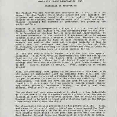 Statement of Activities, p. 1 | Montauk Village Association Materials, Montauk Library Archives
