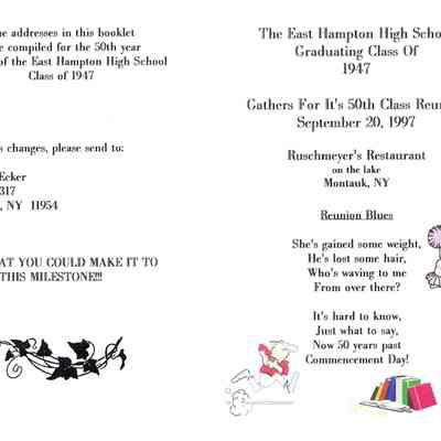 East Hampton High School Class of 1947 Reunion program | Blanche Riley Digital Collection, Montauk Library Archives: East Hampton High School Class of 1947 Reunion program | Blanche Riley Digital Collection, Montauk Library Archives