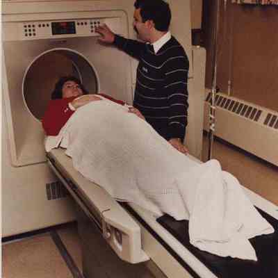 A photo view of a patient getting an MRI X-ray. 1/19/1986.