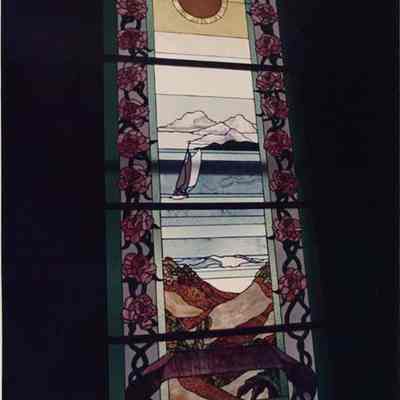 A photo view of some stained glass windows. 8/19/1988.