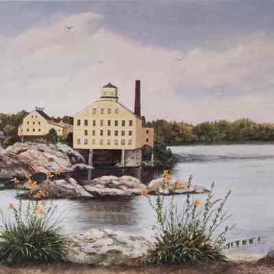 A lithograph of the Bowdoin Mill in Topsham.