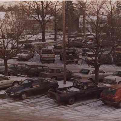 A photo view of a snow covered parking lot. 2/11/1988.