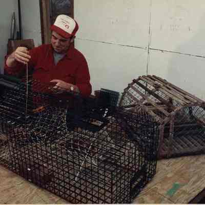 A photo view of someone baiting a lobster trap. 4/19/1990.