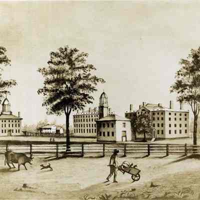 A photo of a drawing of Bowdoin College campus. c 1822