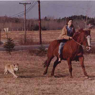 A photo view of a girl riding a horse.