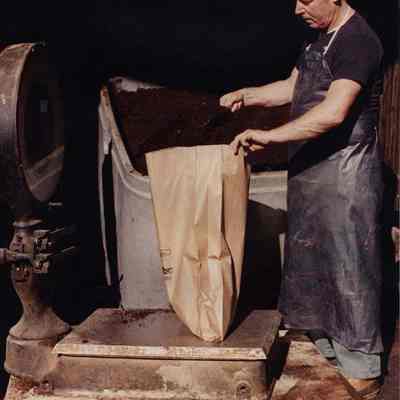 A photo view of a man weighing compost (I think). 5/5/1989.