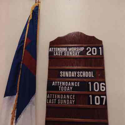 A photo view of a sign at the Maine Street Baptist Church. 6/30/1989.