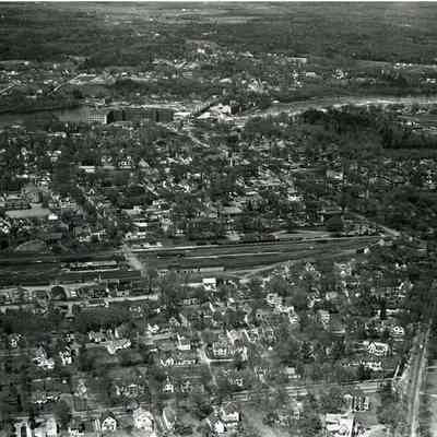 An aerial photo of the railroad station and Maine Street. c. 1940.