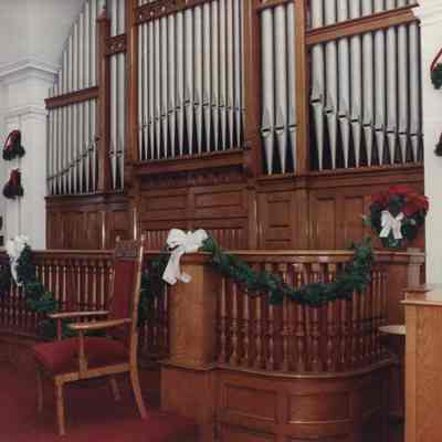A photo view of an organ in a church. 12/20/1990.