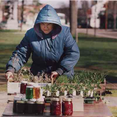 A photo view of a woman selling plants. 5/4/1987.