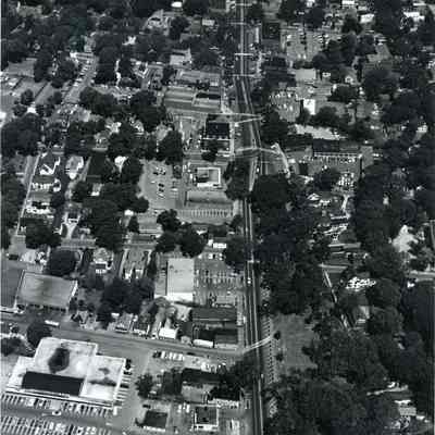 An aerial photo of Maine Street, showing Cottles Market. c.1970.