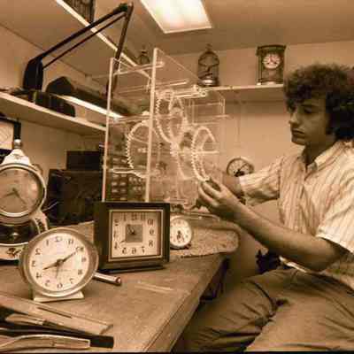 A photo view of a Harpswell clock maker. 7/6/1977.