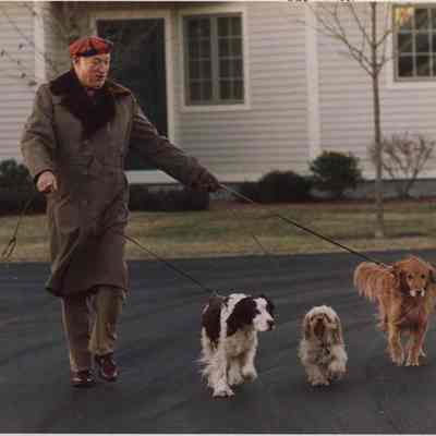 A photo view of a man walking his 3 dogs. 12/11/1987.