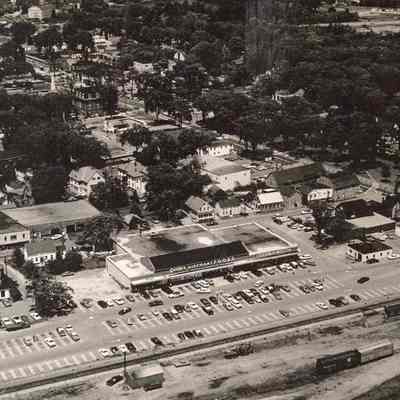 An aerial photo of the area near the train tracks. Ca 1965.
