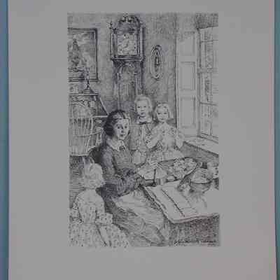 Print of a woman making boxes