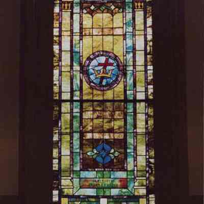 A photo view of a church stained glass window.