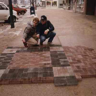 A photo view of bricks being laid out. 1/31/1989.