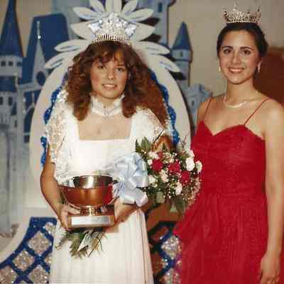 A color photograph of the 1983 Miss Brunswick Karen Coombs and the 1982 Miss Brunswick Kristi Kaknes.