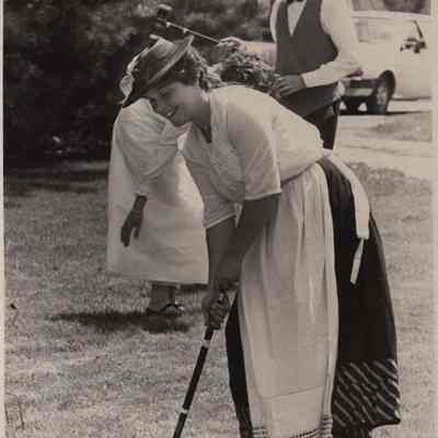 A photo view of people in period clothes at Growstown School. 5/28/1986.